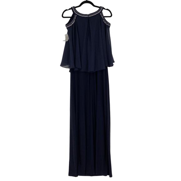 Alex Evenings Womens 6 Navy Cold Shoulder Popover Maxi Gown Beaded Neck OS15-13 - Picture 2 of 10